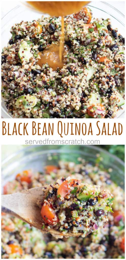 a bowl of quinoa black bean salad with Pinterest pin text.