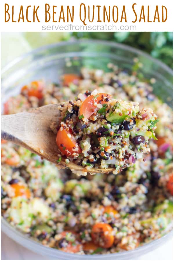 a bowl of quinoa black bean salad with Pinterest pin text.