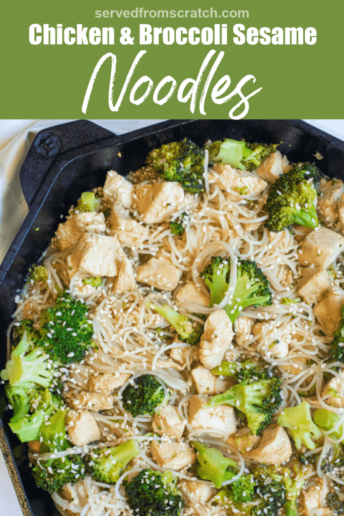a cast iron with noodles, broccoli, and chicken with sesame seeds.