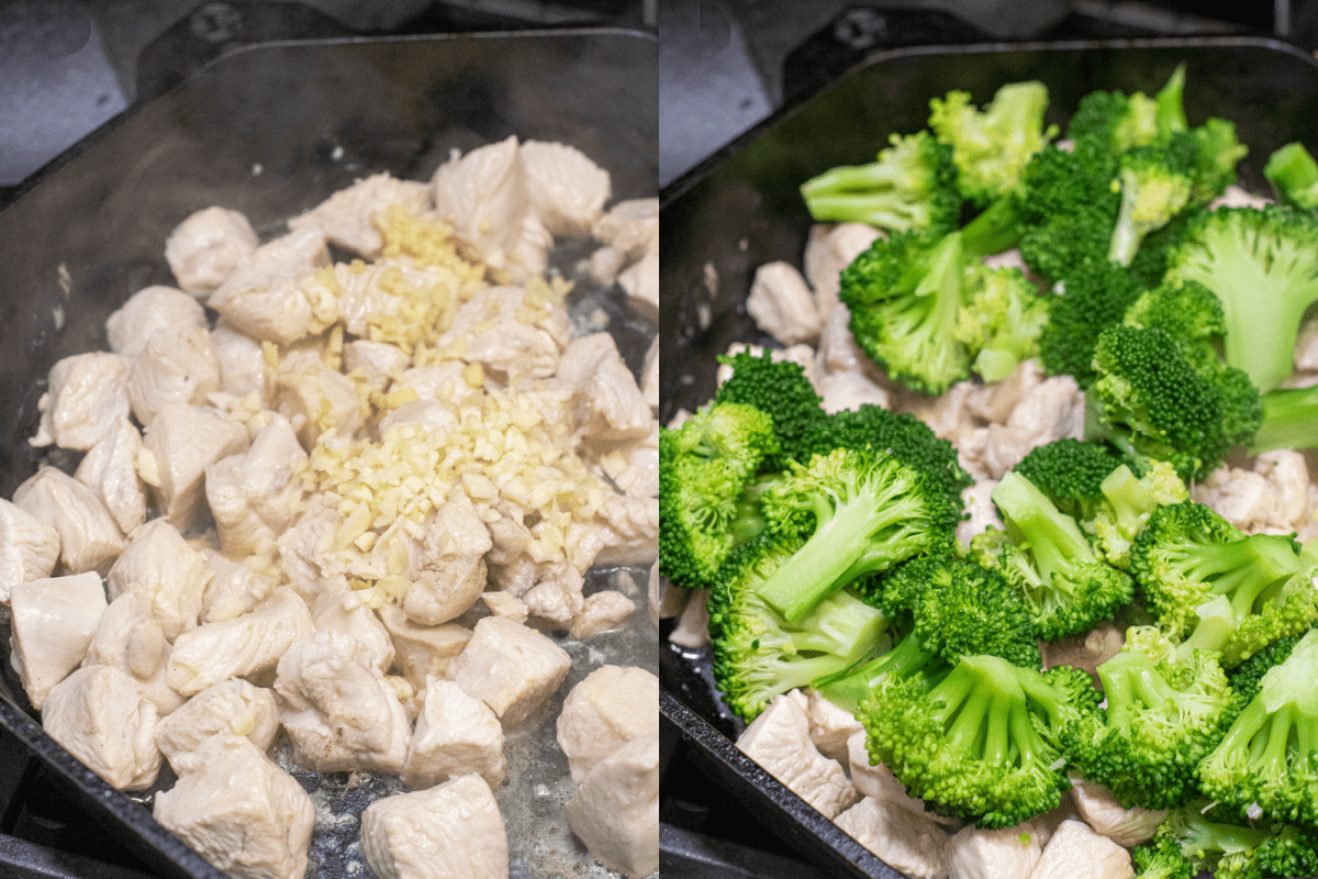 a pan with cooked chicken pieces topped with ginger and garlic and then with cooked broccoli florets.