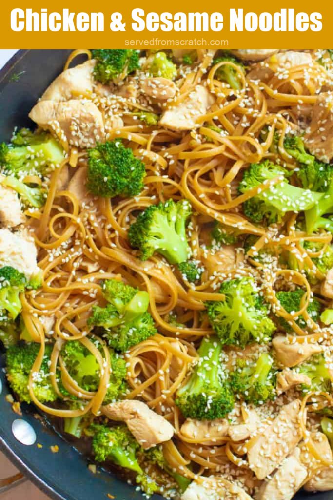 a pan of cooked noodles, chicken, and broccoli with PInterest Pin text.