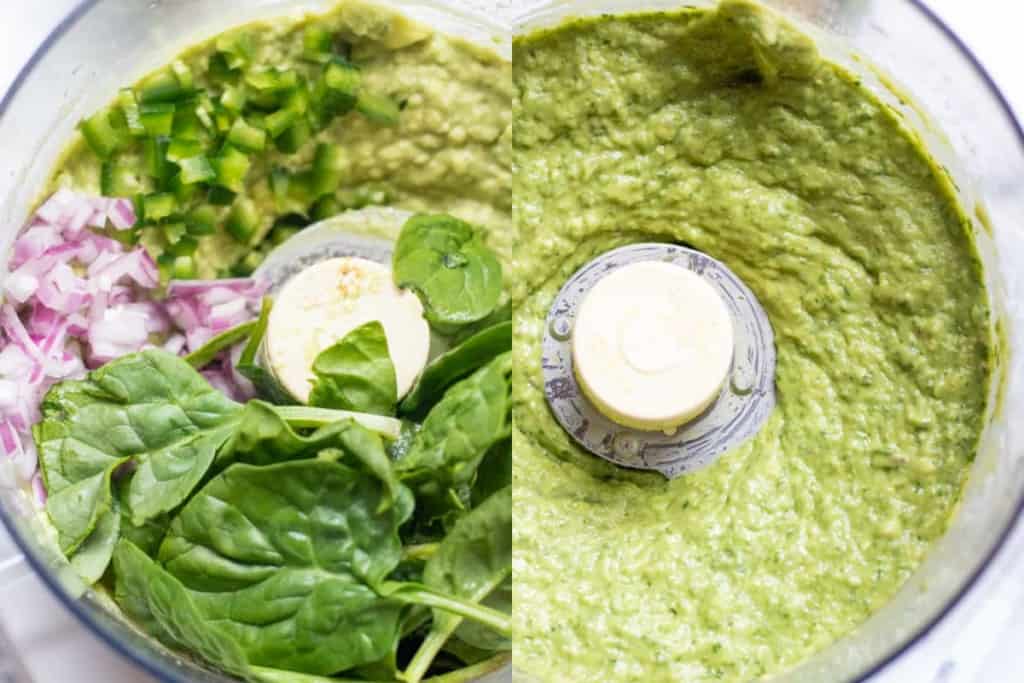 pics of two food processors, one with blended avocados and spinach, onion, and cilantro, and then all blended.