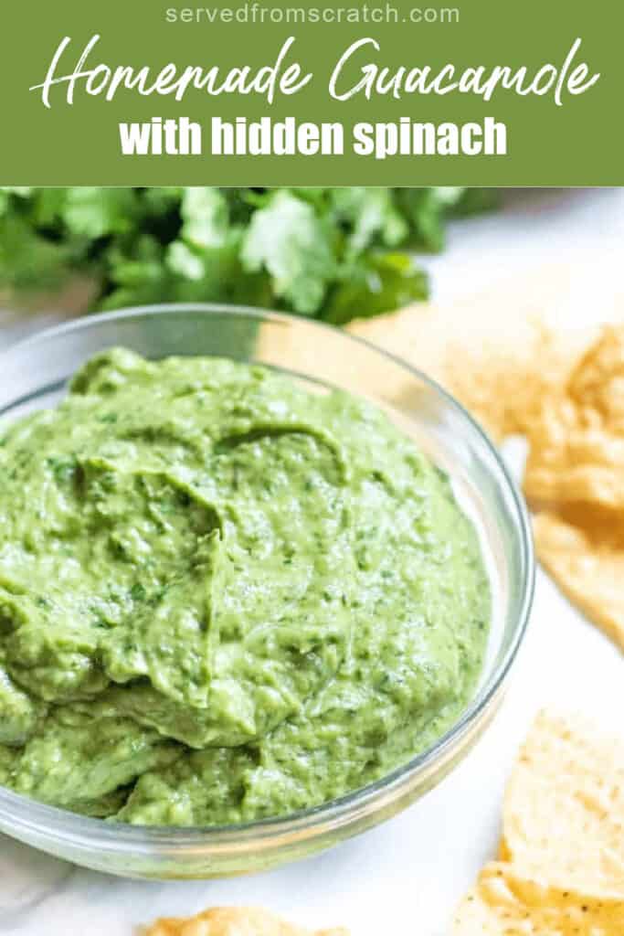 a bowl of guacamole around chips with Pinterest pin text.