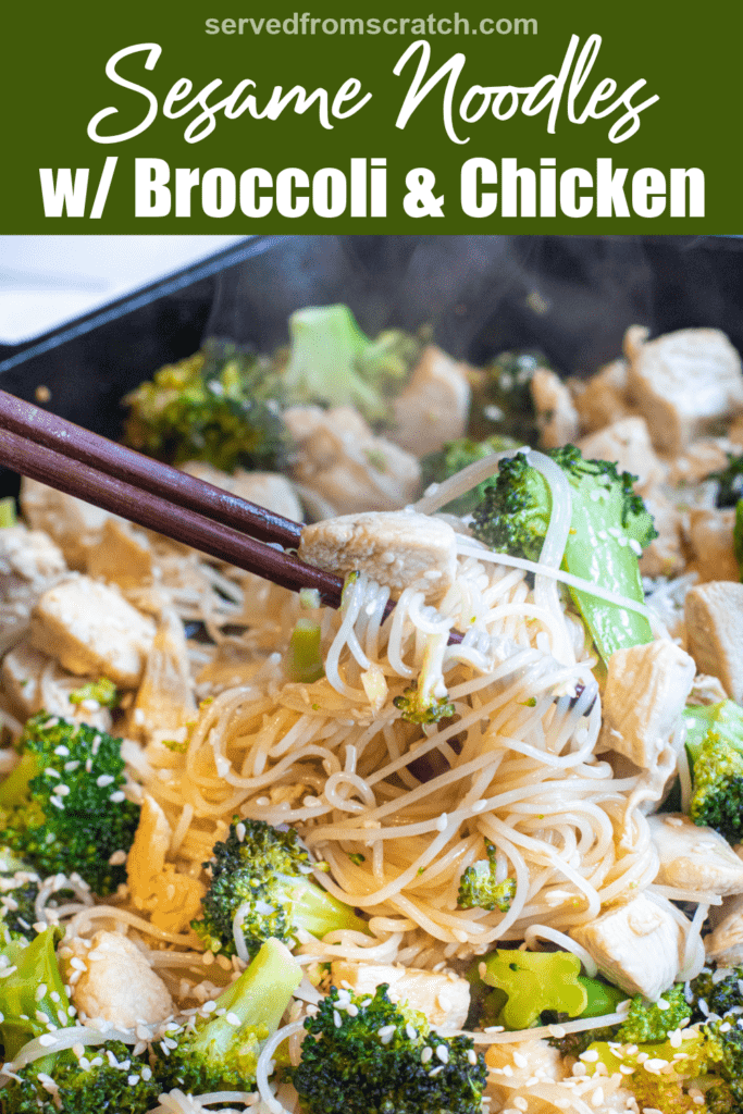 a cast iron with noodles, broccoli, and chicken with sesame seeds with Pinterest pin text.