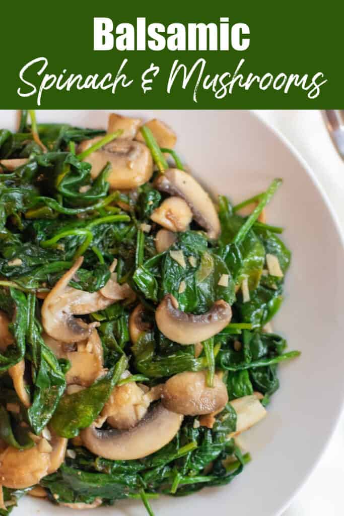 a plate of cooked spinach and mushrooms with Pinterest pin text.