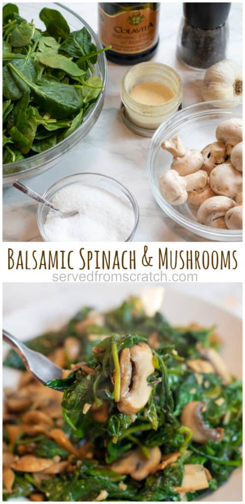 spinach, balsamic, spices, and fresh mushrooms on counter and then a plate of cooked balsamic spinach and mushrooms.
