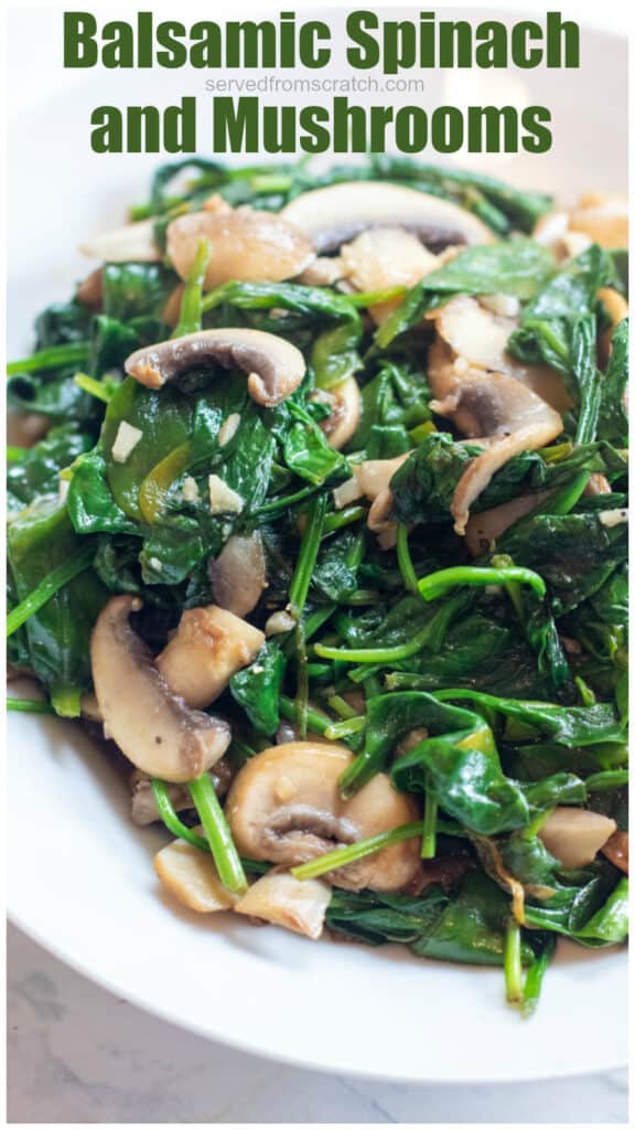 a bowl of sauteed spinach and mushrooms with Pinterest Pin Text.