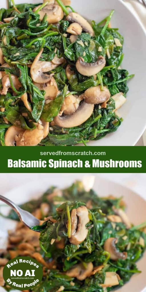 a plate of sauteed spinach and mushrooms Pinterest pin text, and a fork holding some up with NO AI sticker.