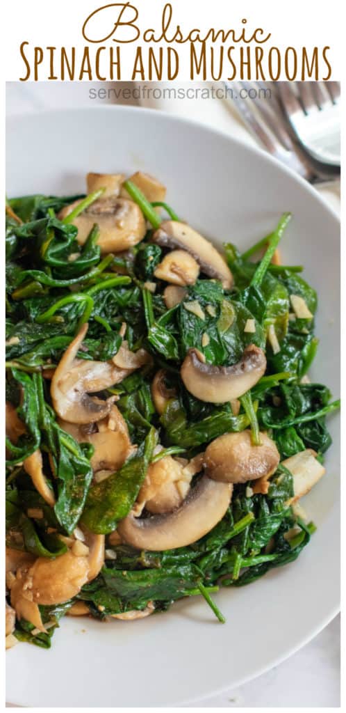 a bowl of sauteed spinach and mushrooms with Pinterest pin text.