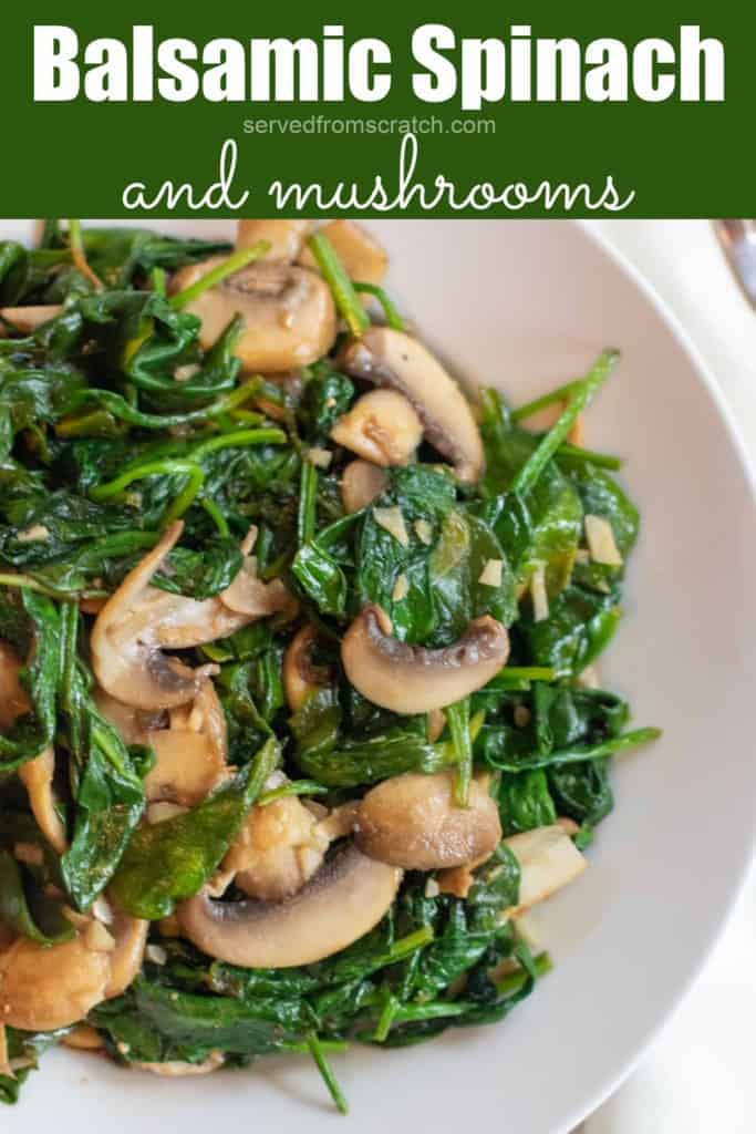 a plate of cooked spinach and mushrooms with Pinterest pin text.