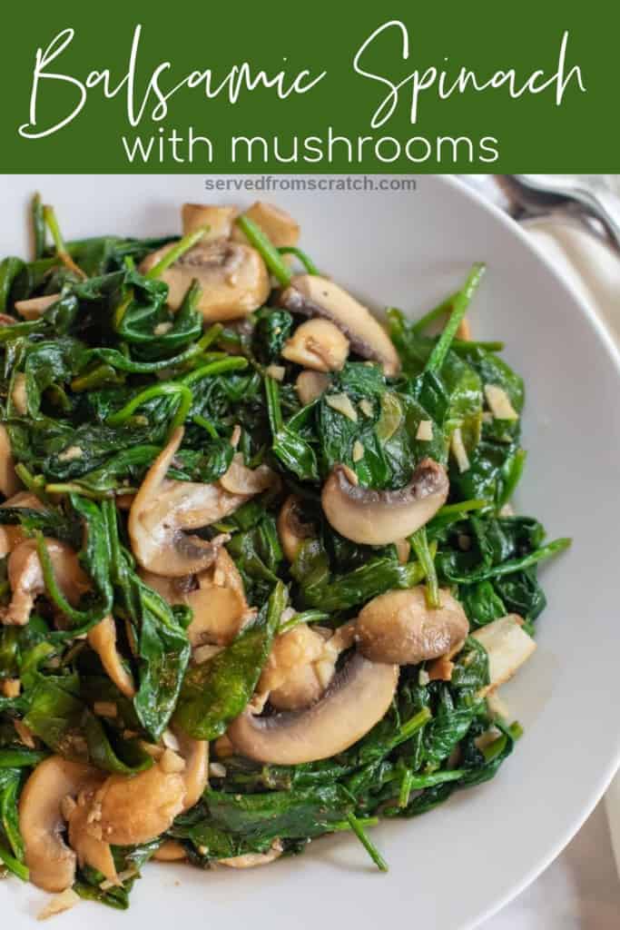 a plate of cooked spinach and mushrooms with Pinterest pin text.