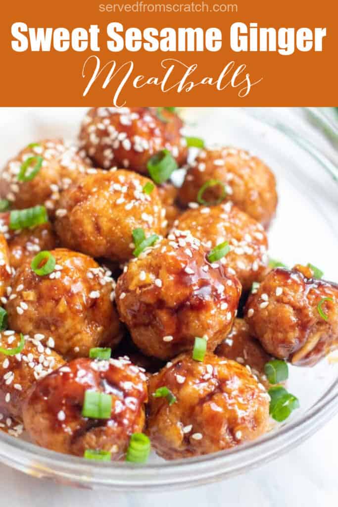 a bowl of sauced meatballs with sesame seeds and green onions with Pinterest pin text.