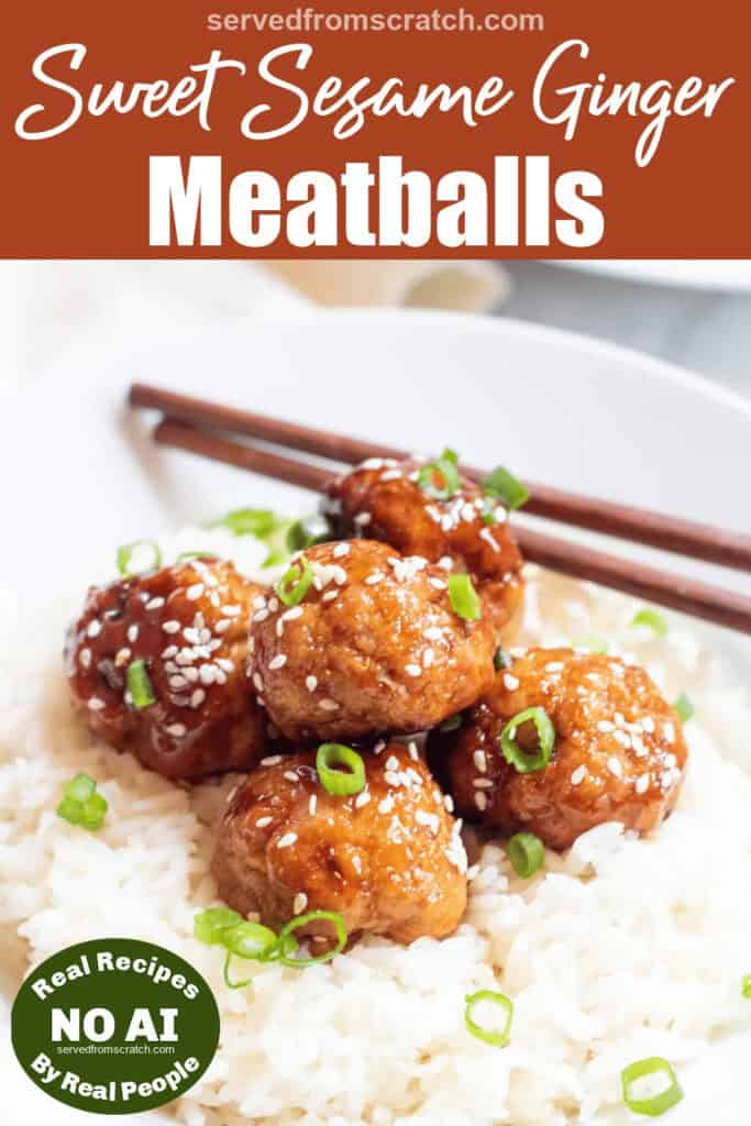 a bed of rice with meatballs topped with sesame seeds and green onions with pinterest pin text with NO AI sticker.