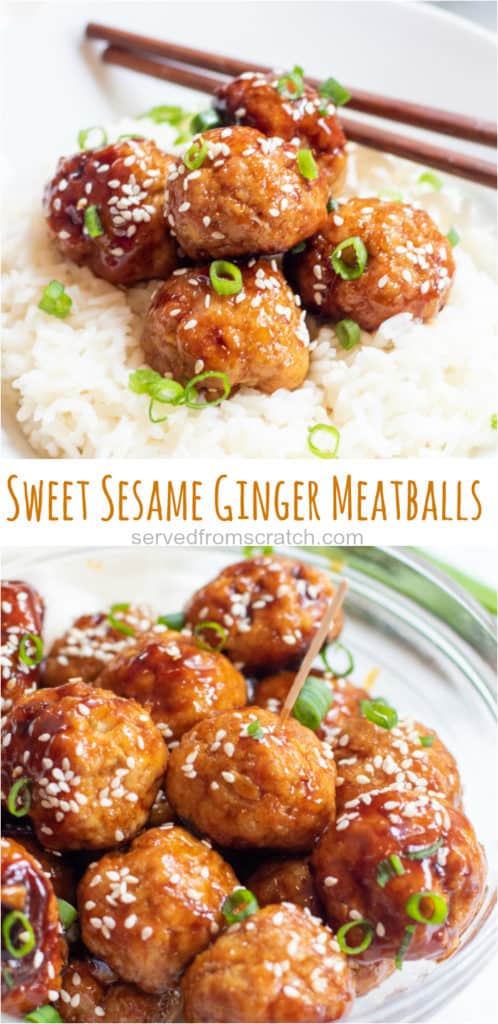 bowl of sesame and green onion meatballs on a top of rice.