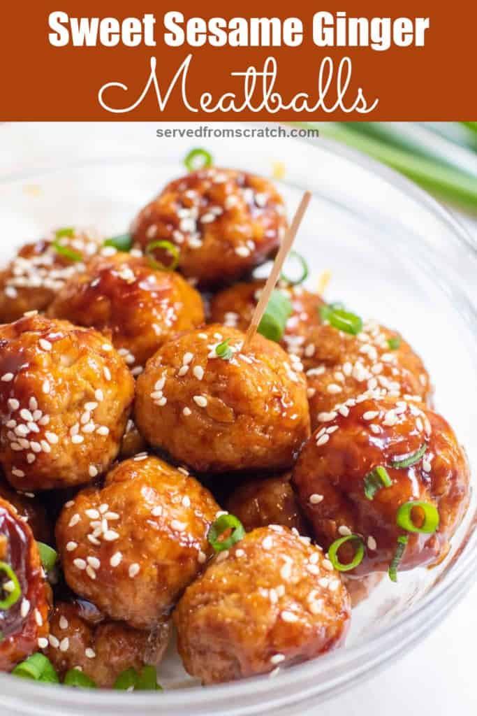 a bowl of meatballs topped with sesame seeds and one with a toothpick and Pinterest pin text.
