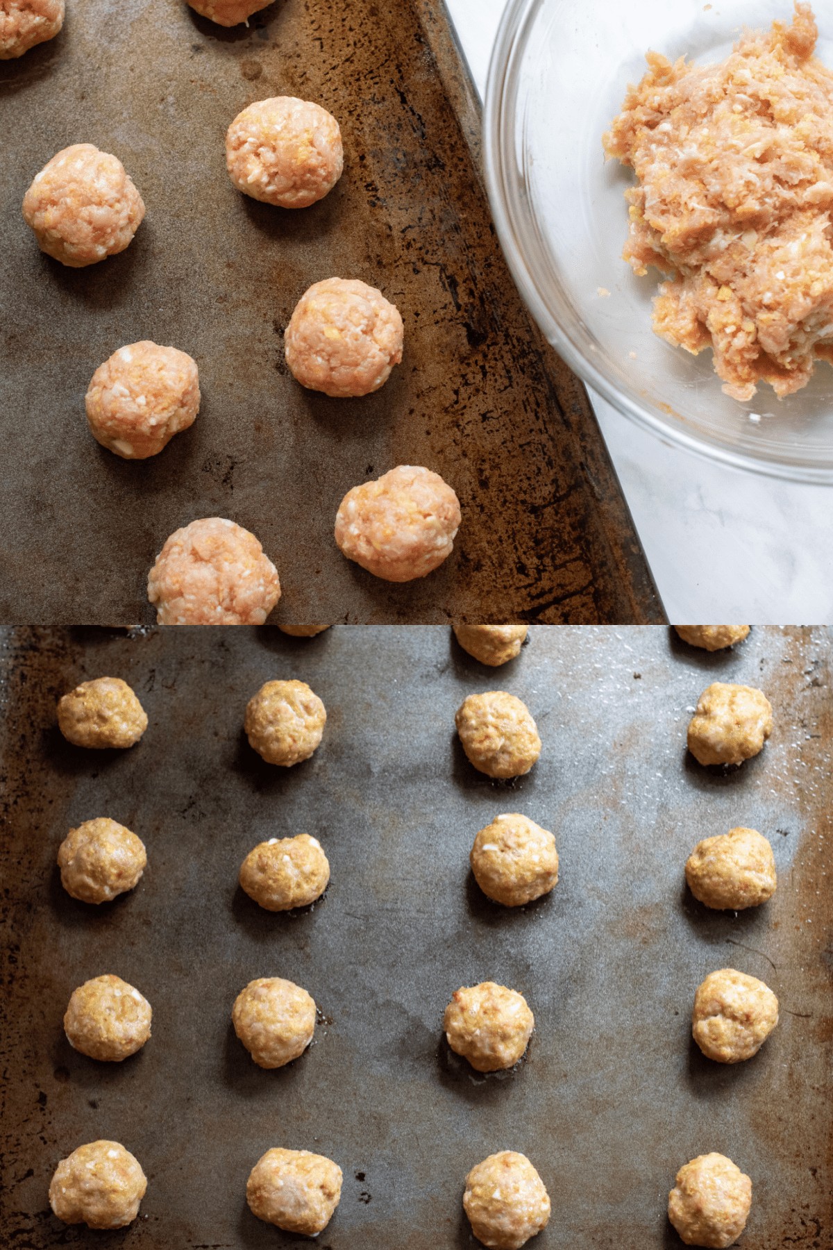 a tray with rolled meatballs and a bowl of mixed ground turkey and then a tray with meatballs cooked.