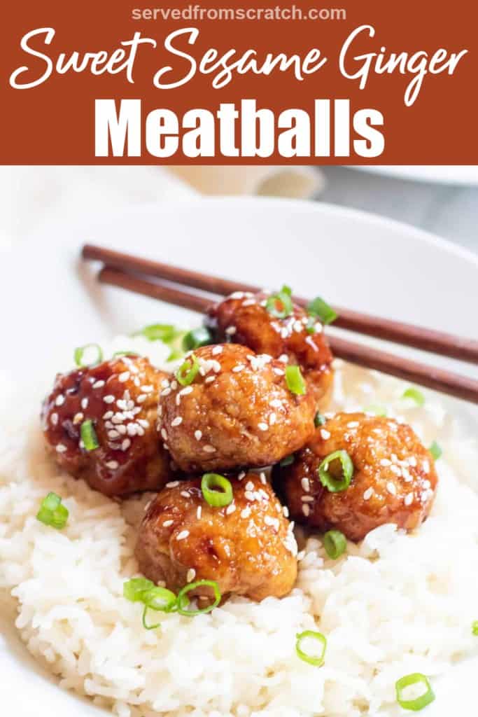 a bed of rice with meatballs topped with sesame seeds and green onions with pinterest pin text.