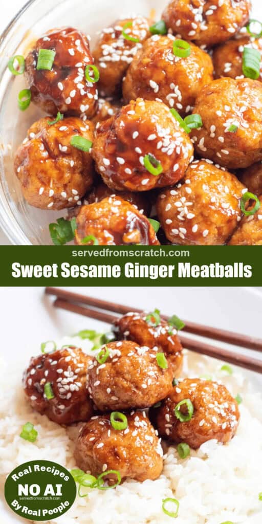 a bowl of sesame seed meatballs and a bed of rice with meatballs topped with sesame seeds and green onions with pinterest pin text with NO AI sticker.