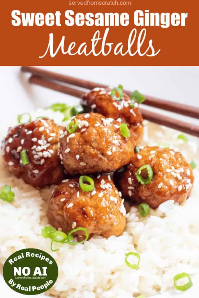 a bed of rice with meatballs topped with sesame seeds and green onions with pinterest pin text with NO AI sticker.