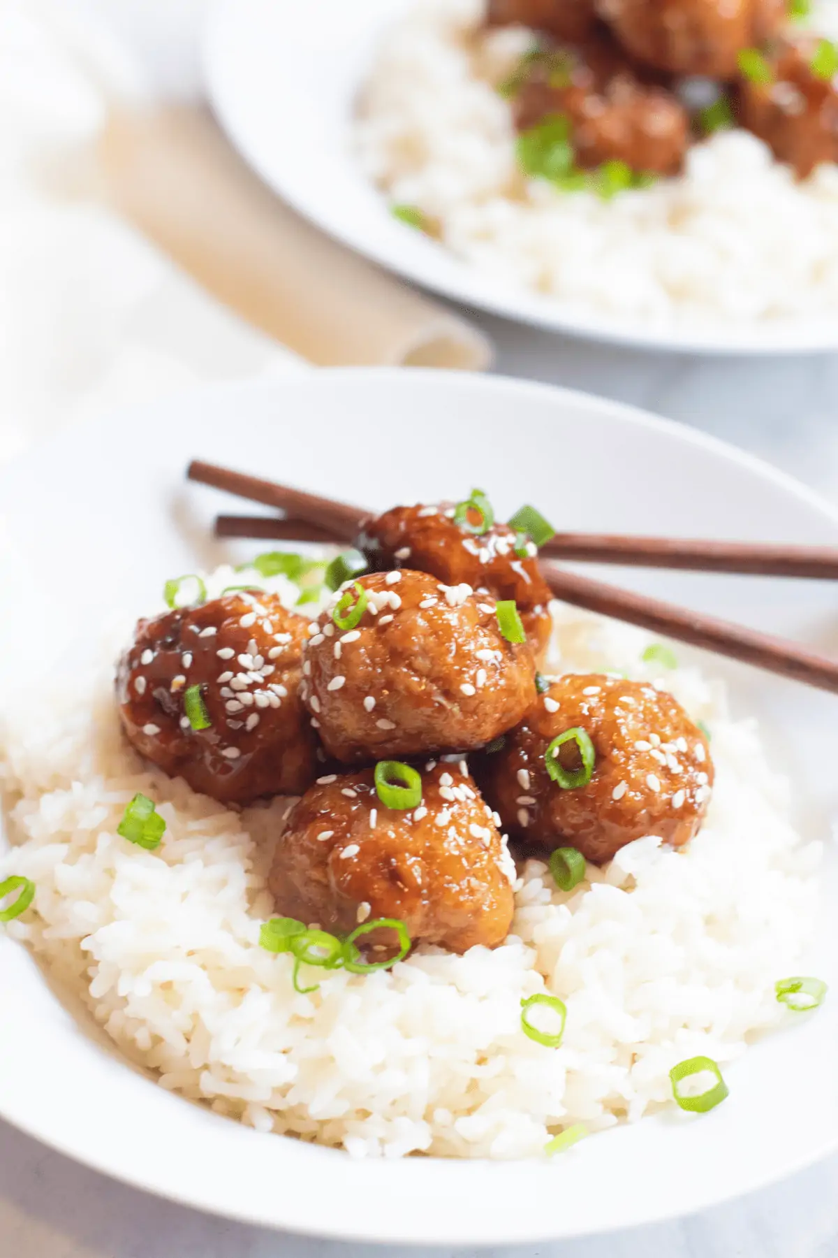 a bed of rice with meatballs topped with sesame seeds and green onions.