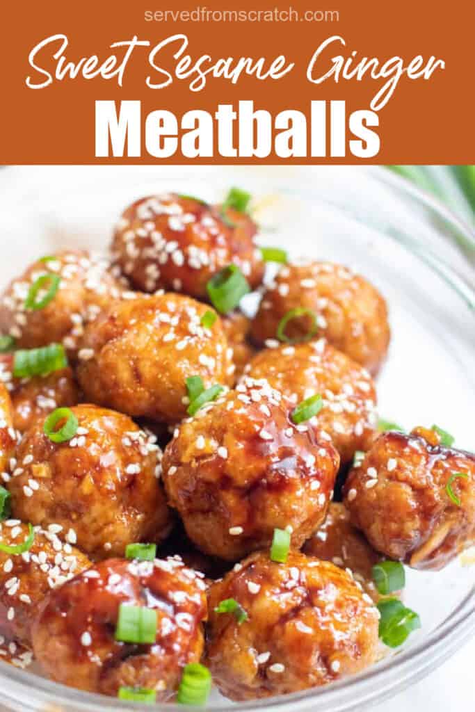 a bowl of glazed meatballs with sesame seeds and green onions and Pinterest pin text.