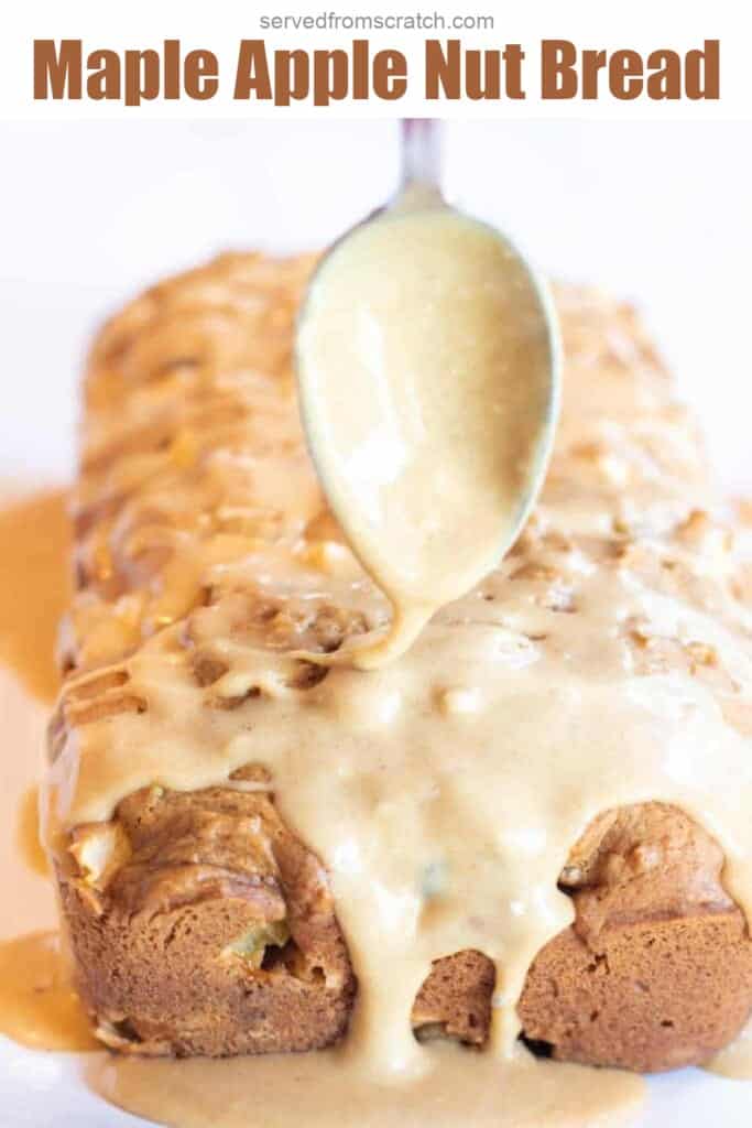 a spoon of glazed being poured on a sweet bread with Pinterest pin text.