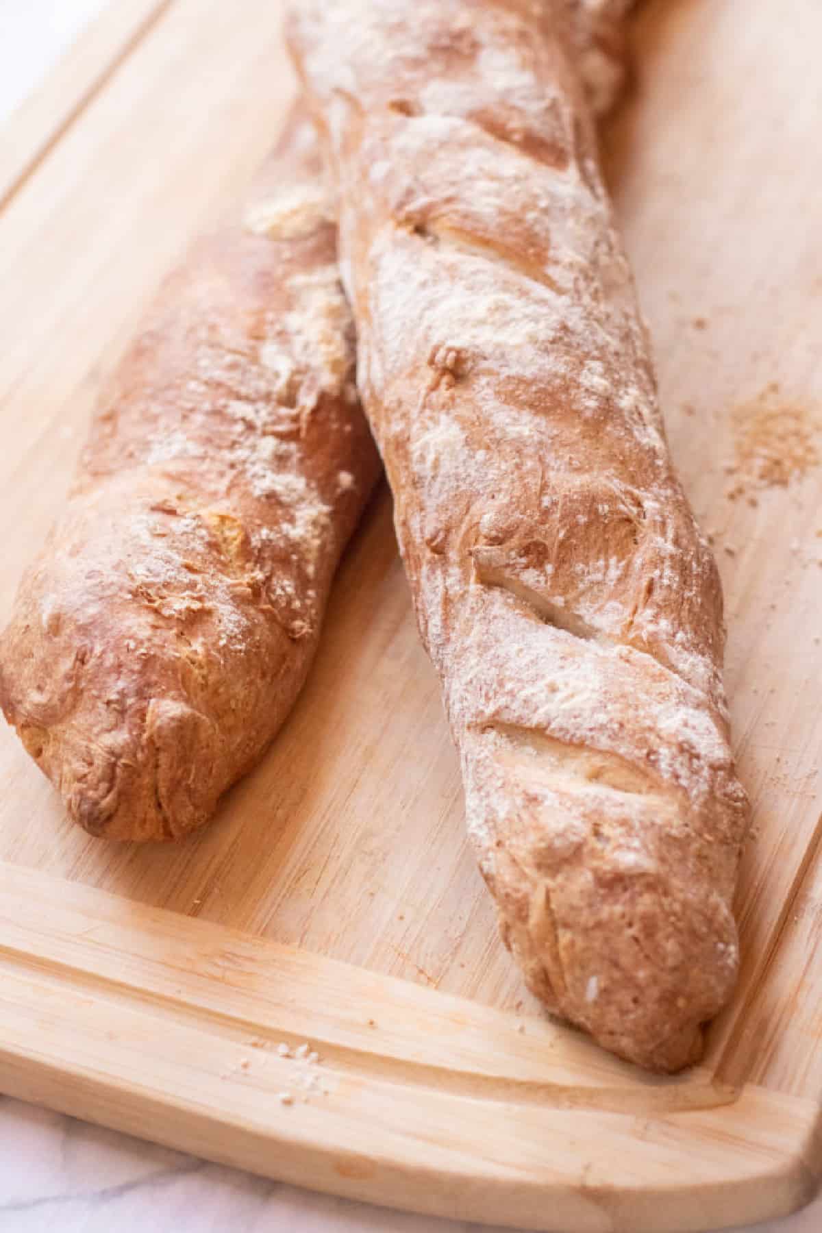 two baked baguettes.