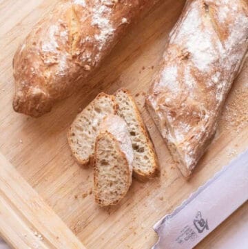 a fresh baked baguette and once sliced.