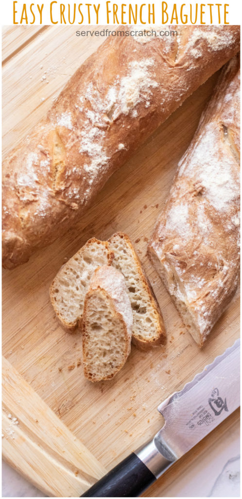 a fresh baked baguette and once sliced with Pinterest pin text.