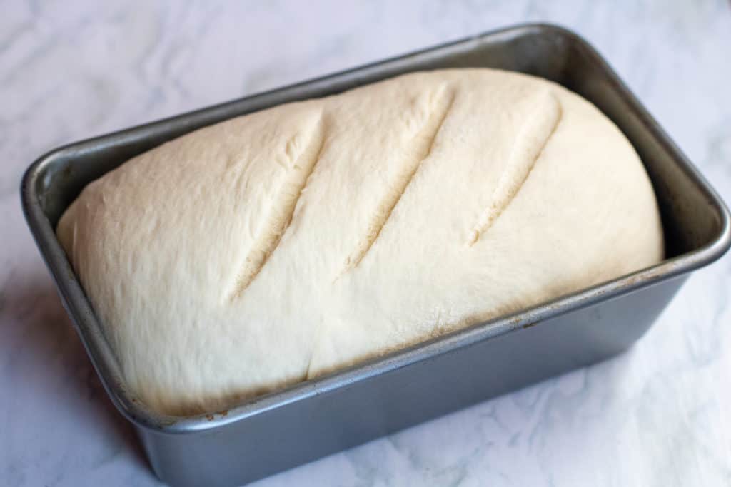 loaf of bread dough in a loaf pan.