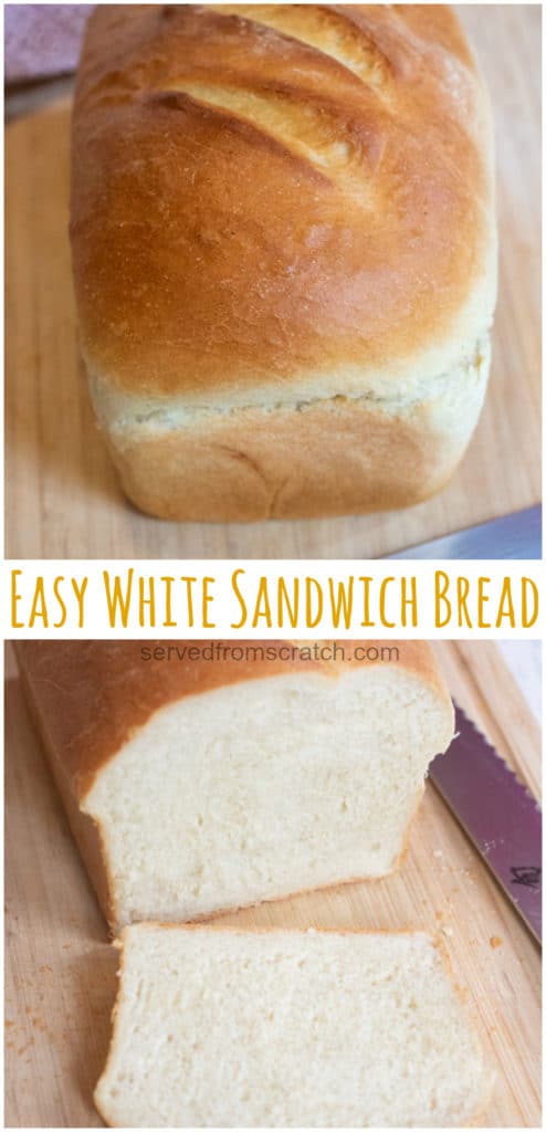 a loaf if white bread and a loaf sliced with Pinterest pin text.