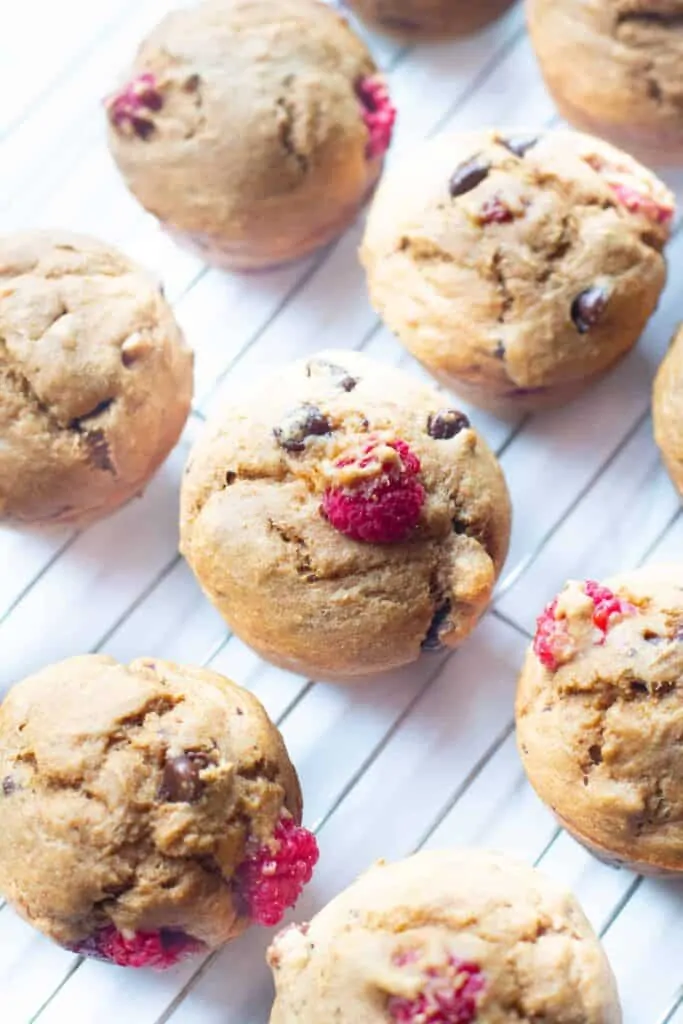 fresh baked chocolate chip raspberry muffins on a cooling rack