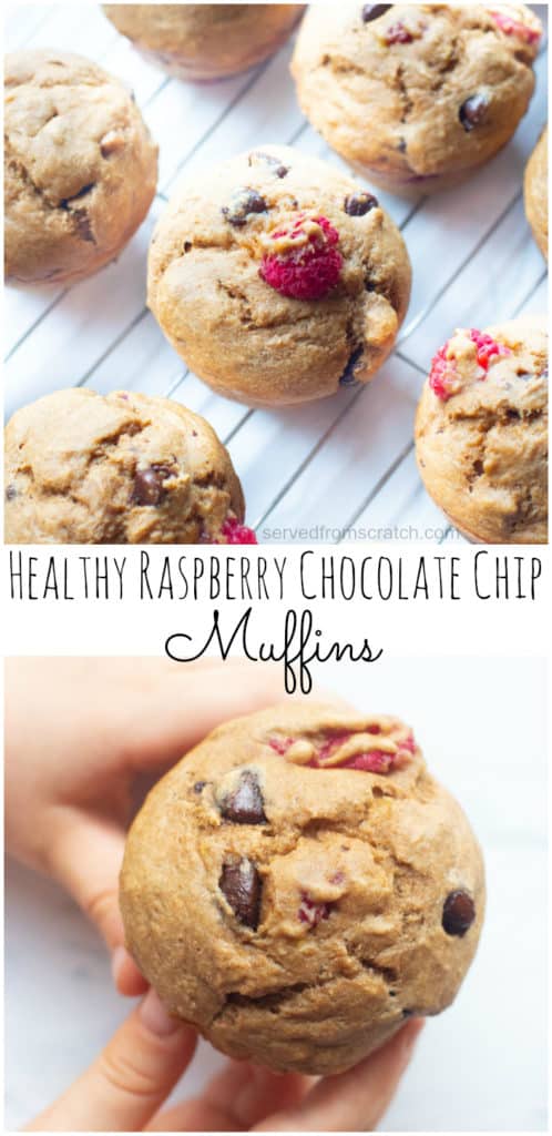 a baby hand holding a raspberry chocolate chip muffin with Pinterest pin text.