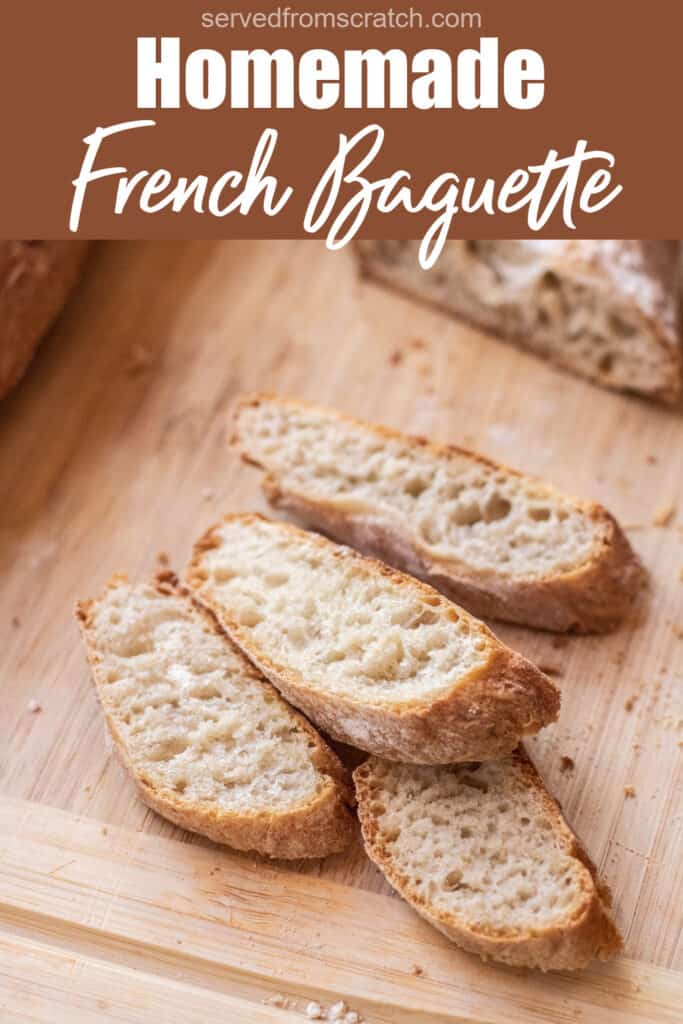 slices of baguette on a cutting board with Pinterest pin text.