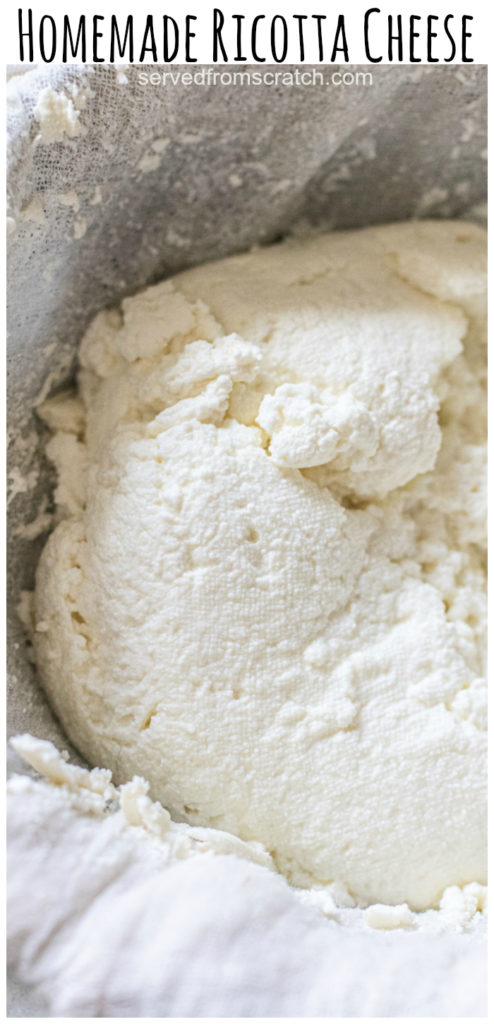 fresh made ricotta cheese in a cheese cloth with Pinterest pin text.