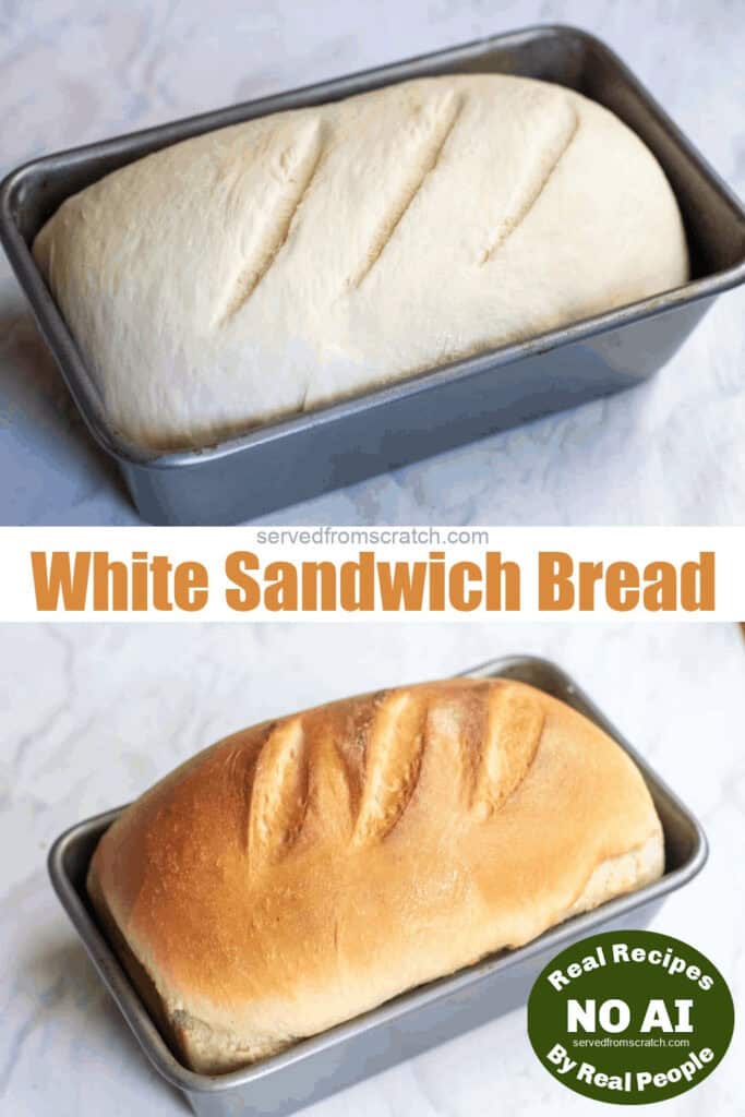 a unbaked loaf of bread in a pan and a loaf of bread baked in a pan with Pinterest pin text and NO AI Sticker.