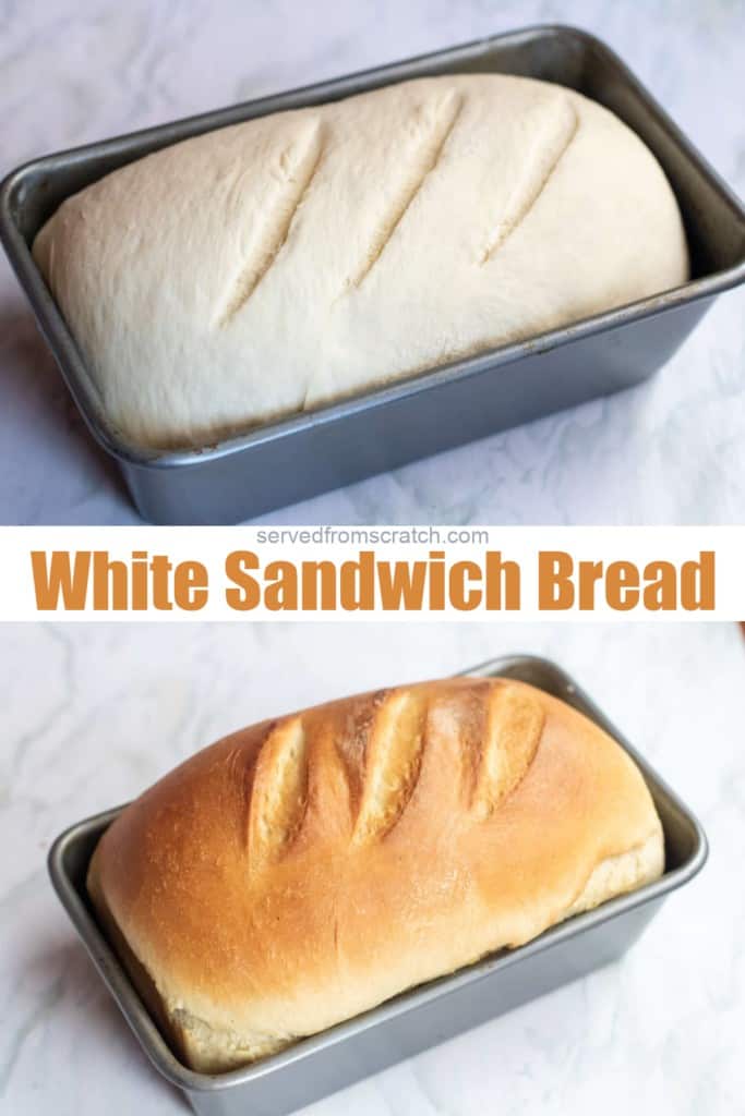 a unbaked loaf of bread in a pan and a loaf of bread baked in a pan with Pinterest pin text.