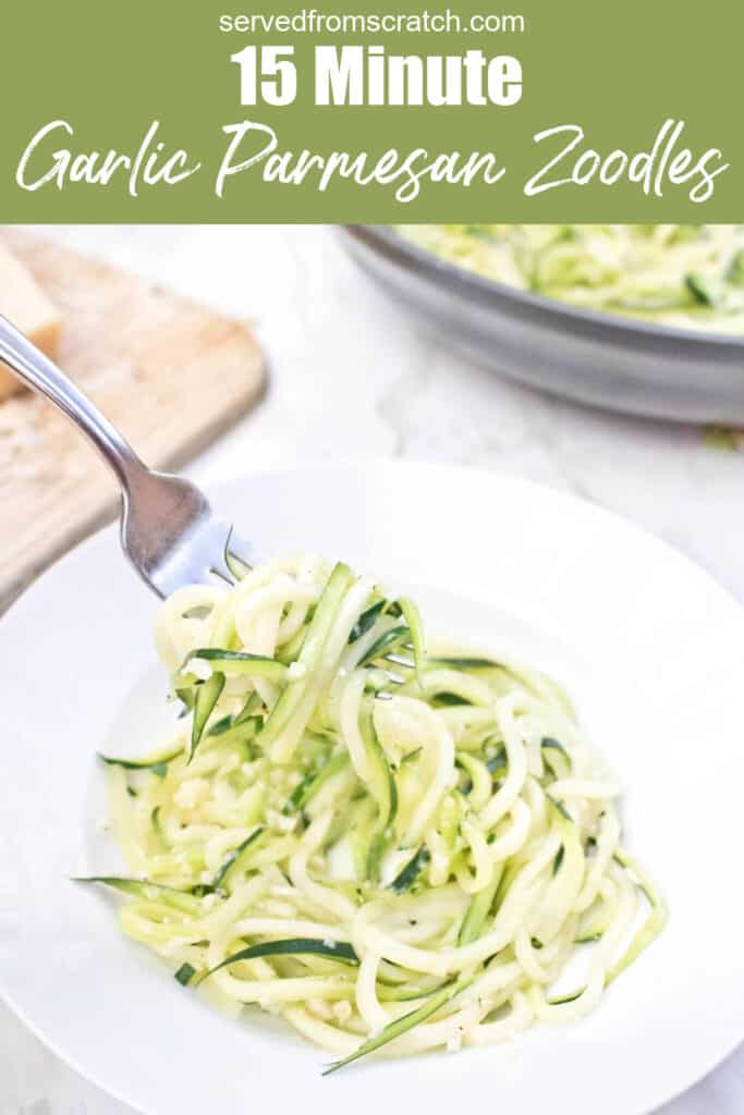 a plate of zoodles with a fork holding a bite and Pinterest pin text.