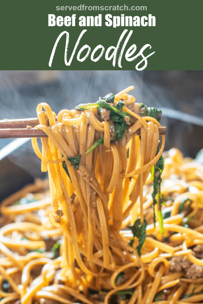 chopsticks holding up noodles with beef and spinach and Pinterest pin text.