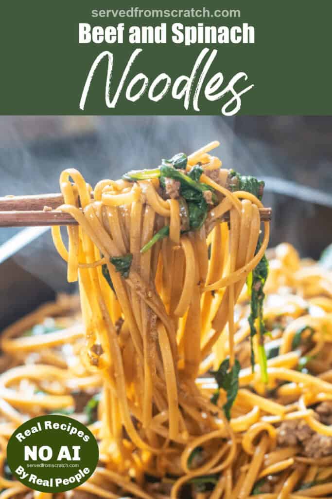 chopsticks holding up noodles with beef and spinach and Pinterest pin text with NO AI Sticker.