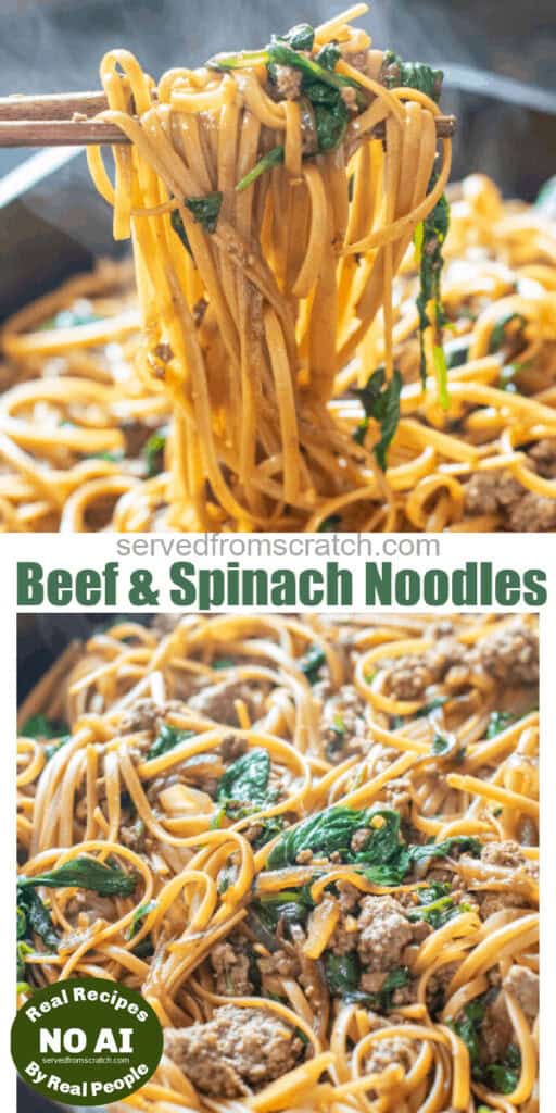 chopsticks holding up some cooked noodles, and a pan of noodles, ground beef, and spinach in a cast iron with pinterest text with NO AI sticker.