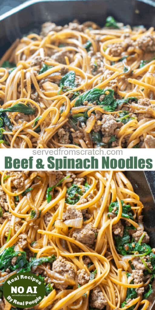 chopsticks holding up some cooked noodles, and a pan of noodles, ground beef, and spinach in a cast iron with pinterest text with NO AI sticker.