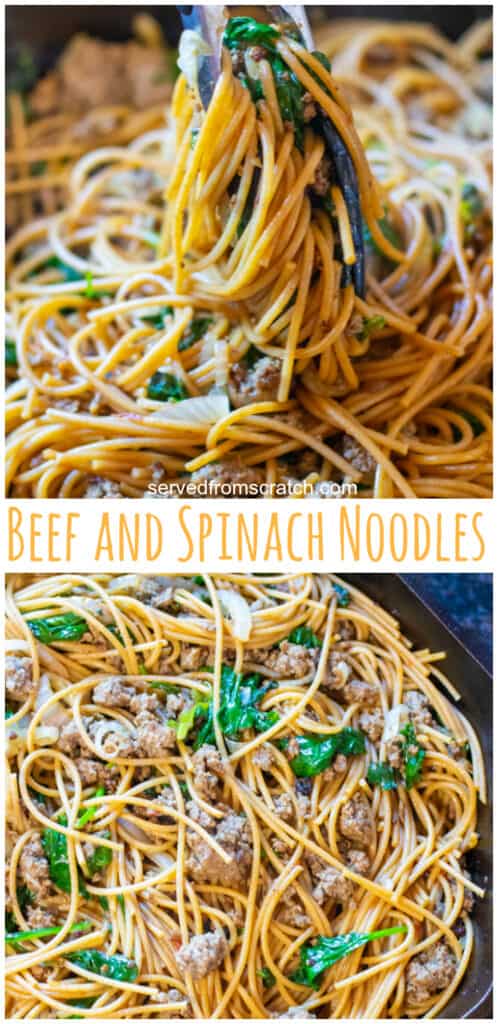cooked beef and spinach noodles in tongs and in a pan with Pinterest pin text.