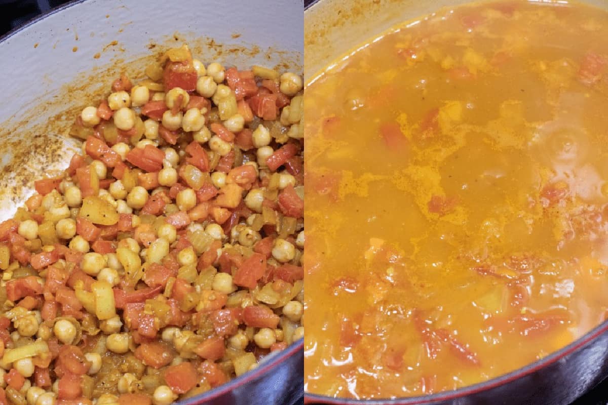 dutch oven with chickpeas and diced tomatoes and with stock, sweet potato.