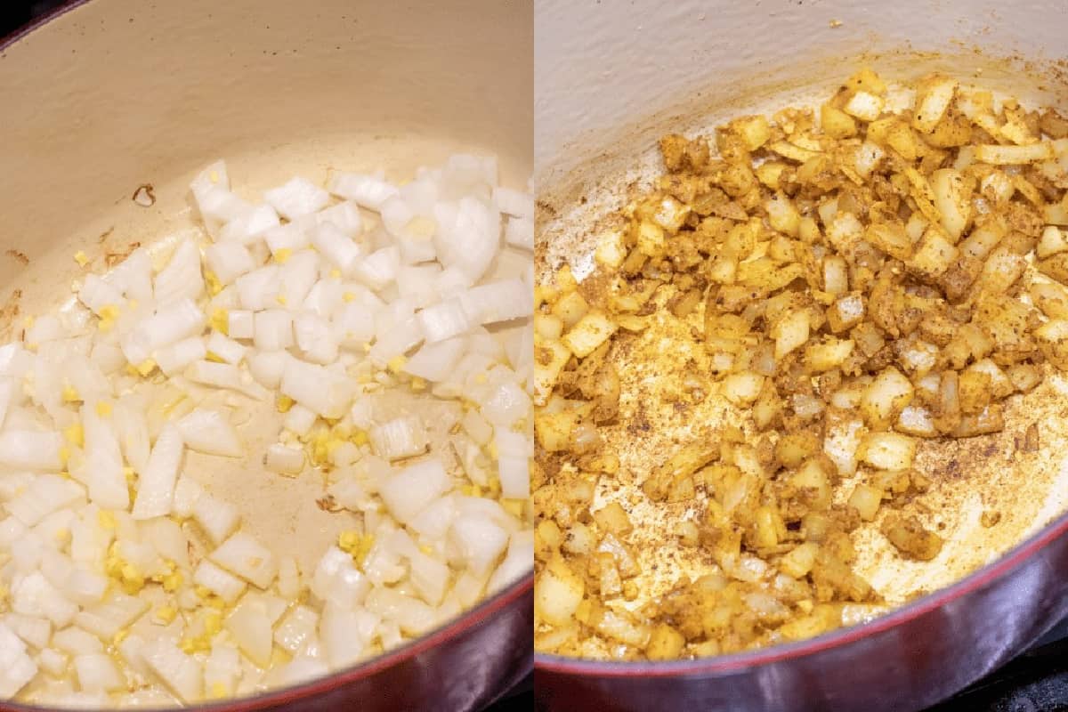 two dutch ovens, one with cooked onions and spices.