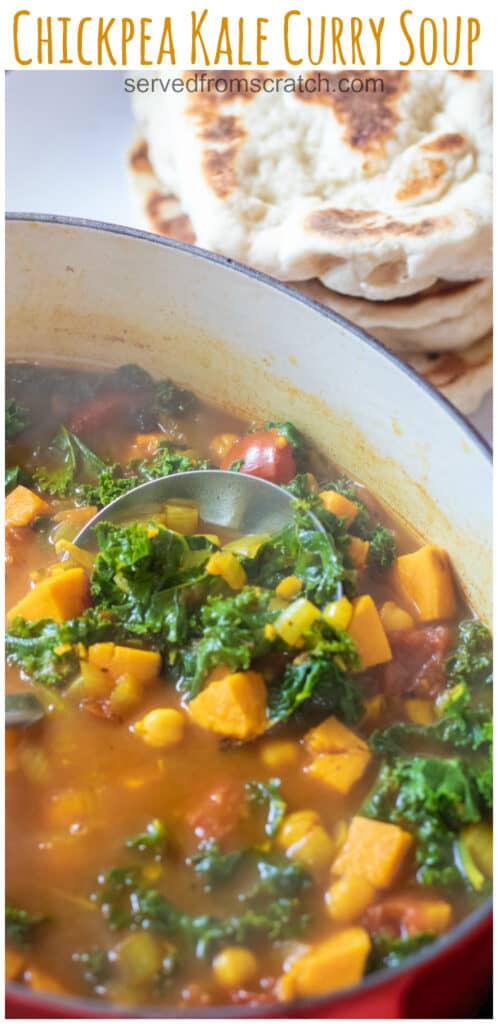 cooked chickpeas, sweet potato, and kale in a dutch oven with a ladle and Pinterest pin text.