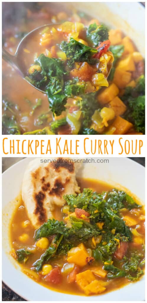 cooked chickpeas, sweet potato, and kale in a dutch oven with a ladle with Pinterest pin text.