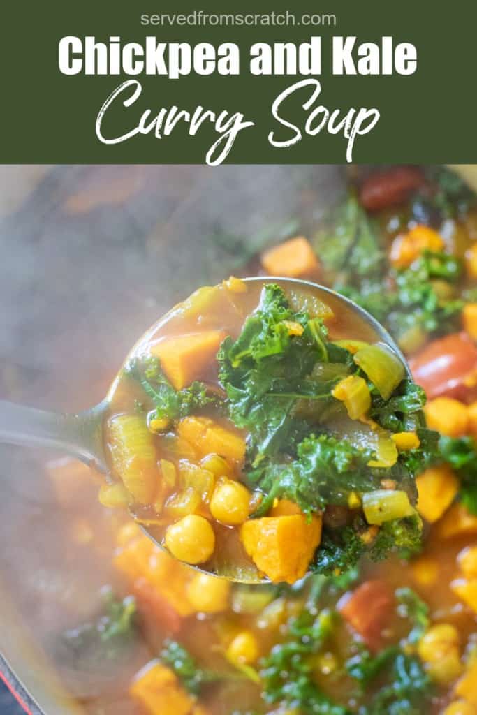 dutch oven of cooked chickpeas, sweet potato, kale soup with Pinterest pin text.