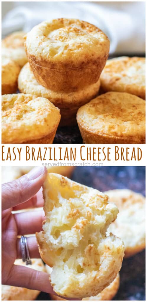 stacked Brazilian cheese bread with Pinterest pin text.