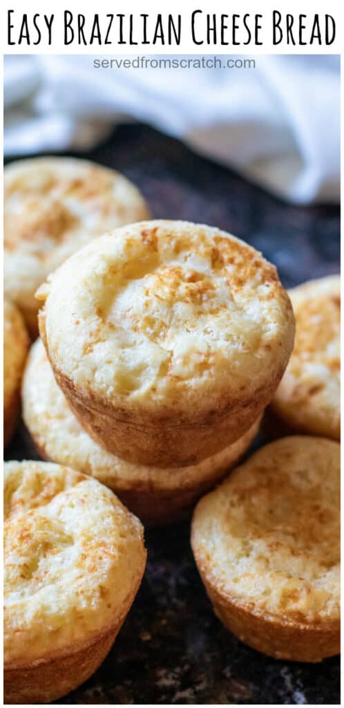 stacked Brazilian cheese bread with Pinterest pin text.